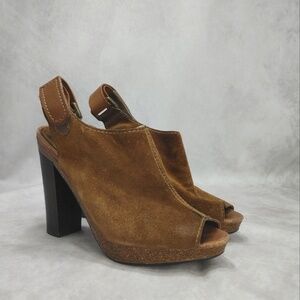 Apepazza‎ Parma Suede Peep Toe Sling Back Platform Pump 7 Tan Brown